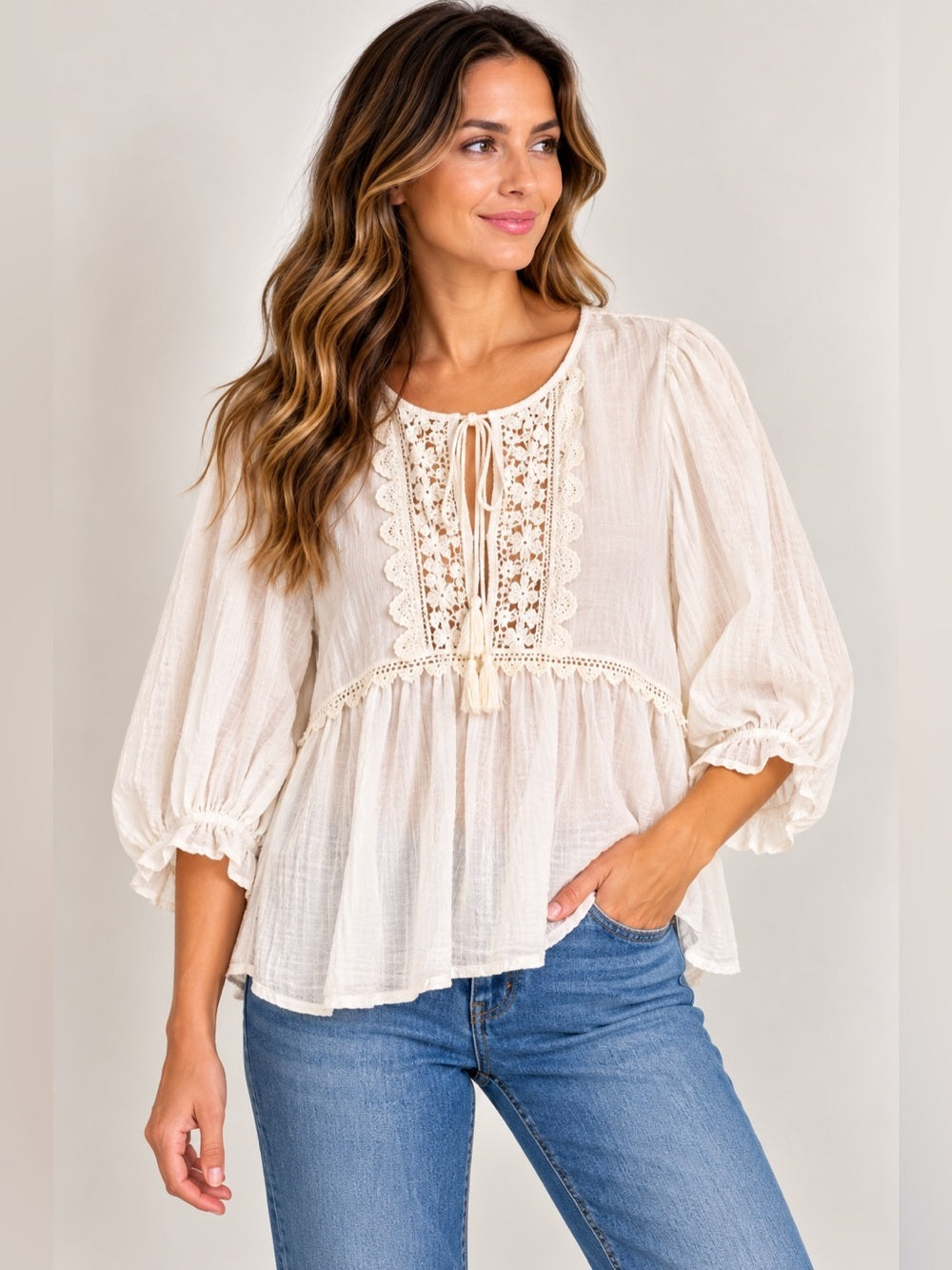 GT-0037 Max Studio White Crochet Lace Boho Peasant Blouse Size Small