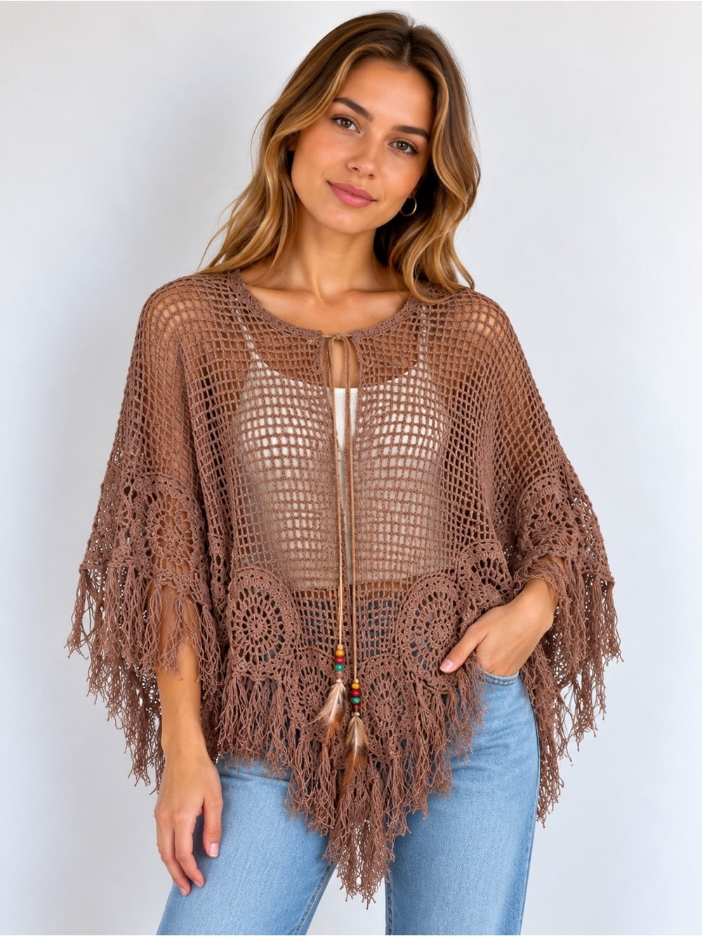 GT-0052 Max Studio Hand Crochet Fringe Poncho Brown Boho One Size