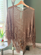 GT-0052 Max Studio Hand Crochet Fringe Poncho Brown Boho One Size