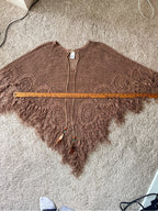 GT-0052 Max Studio Hand Crochet Fringe Poncho Brown Boho One Size