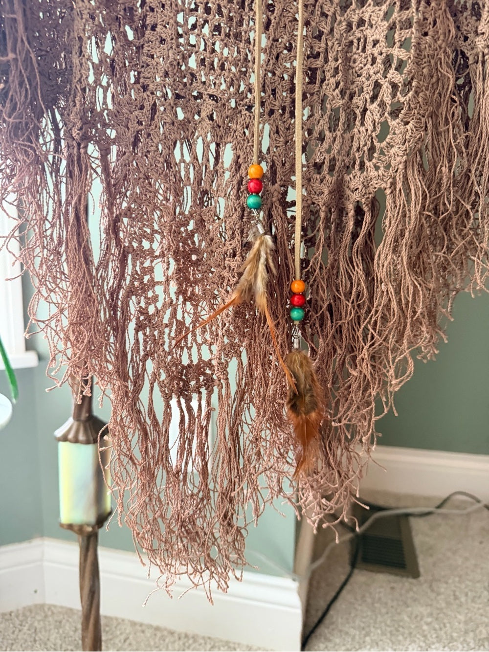 GT-0052 Max Studio Hand Crochet Fringe Poncho Brown Boho One Size