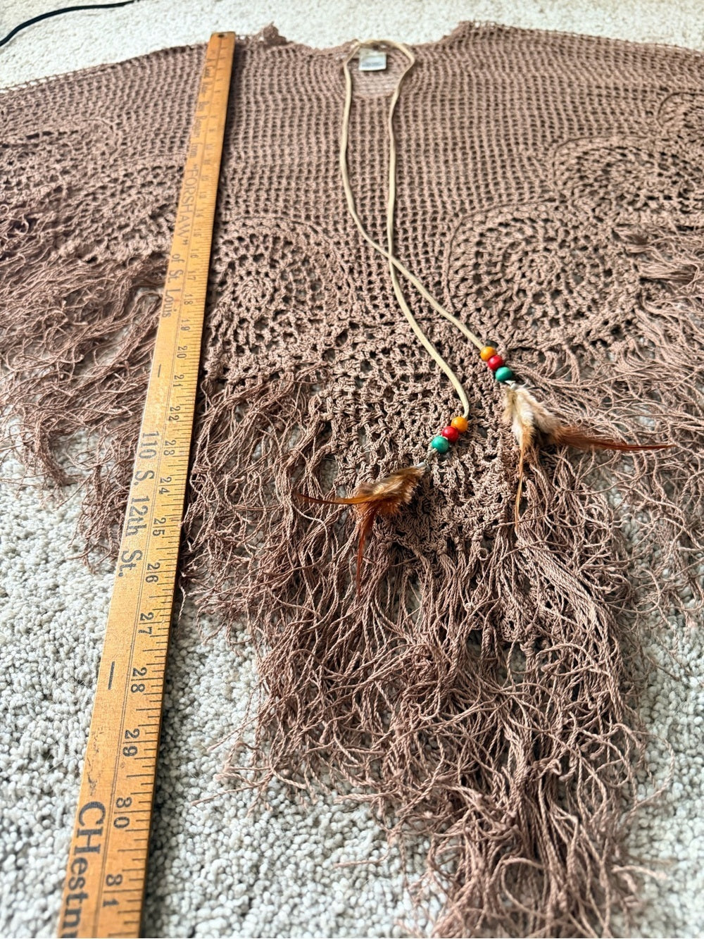 GT-0052 Max Studio Hand Crochet Fringe Poncho Brown Boho One Size