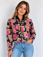 GT-0129 Vintage Coldwater Creek Floral Jacket 8 Velvet Collar Rayon 90s Y2K