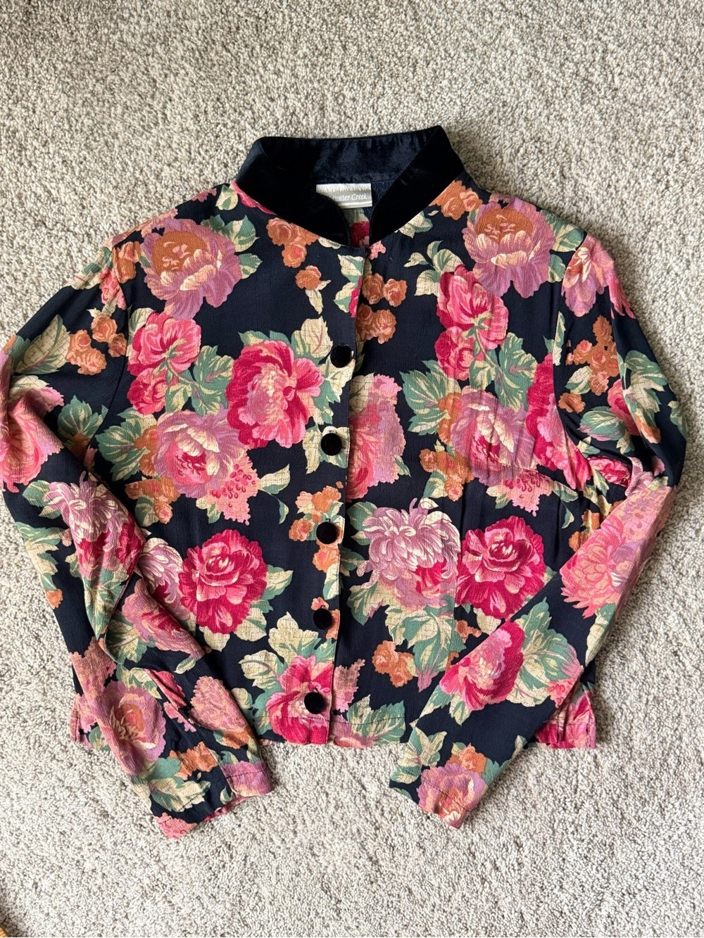GT-0129 Vintage Coldwater Creek Floral Jacket 8 Velvet Collar Rayon 90s Y2K