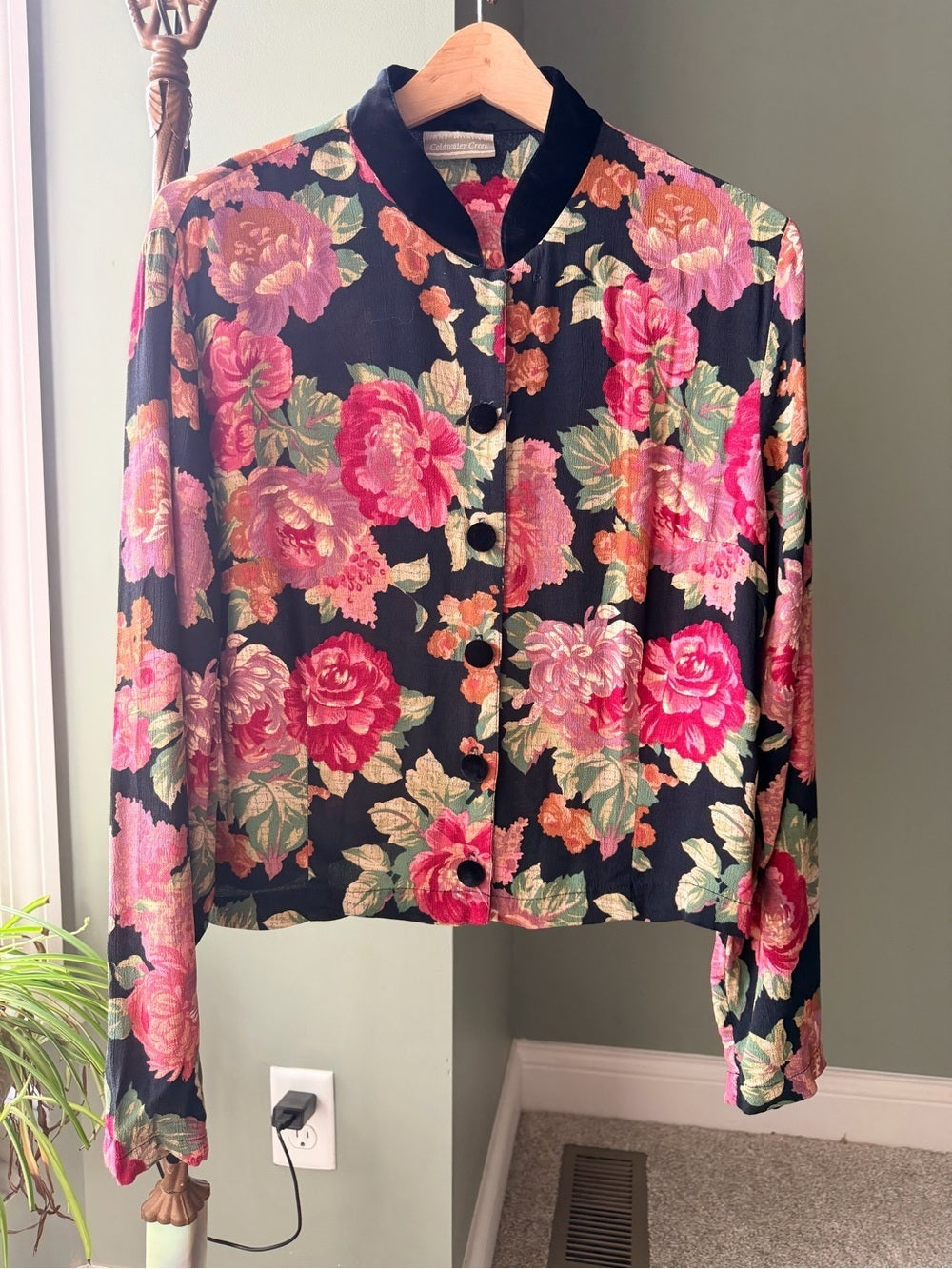 GT-0129 Vintage Coldwater Creek Floral Jacket 8 Velvet Collar Rayon 90s Y2K