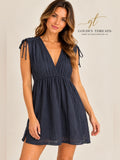 GT-0132 Lauren Ralph Lauren Navy Crinkle Gauze Dress Ruched Tie Shoulder