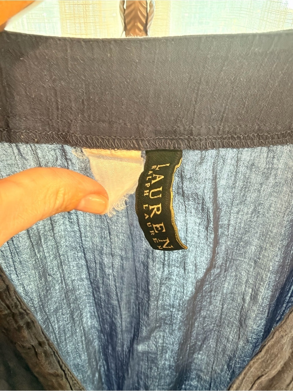GT-0132 Lauren Ralph Lauren Navy Crinkle Gauze Dress Ruched Tie Shoulder