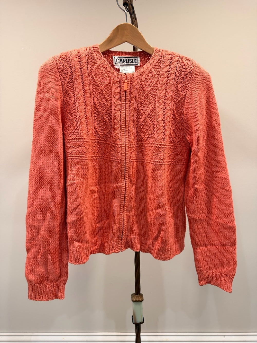 GT-0136 Carlisle Silk Wool Cable Knit Cardigan M Coral Pink Zip Front