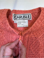 GT-0136 Carlisle Silk Wool Cable Knit Cardigan M Coral Pink Zip Front