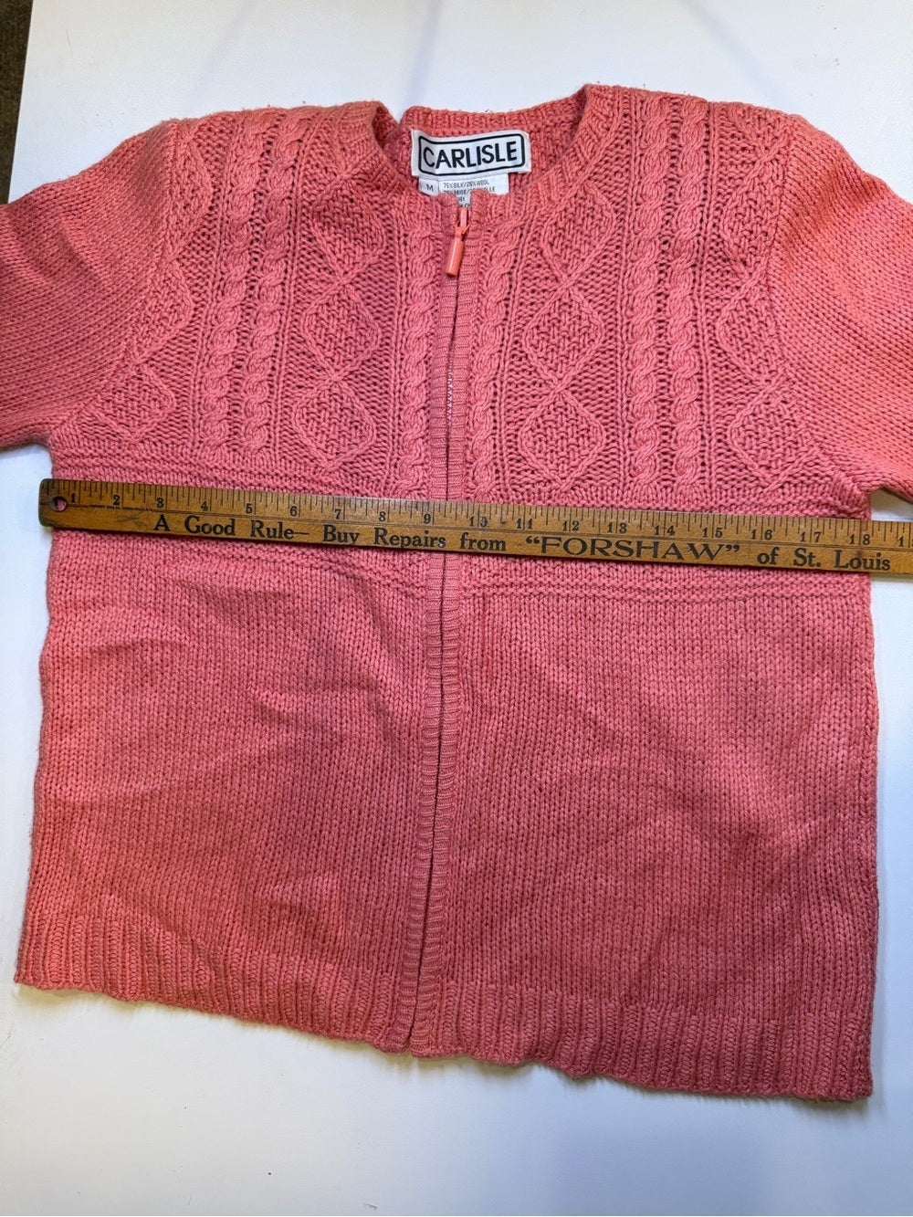 GT-0136 Carlisle Silk Wool Cable Knit Cardigan M Coral Pink Zip Front