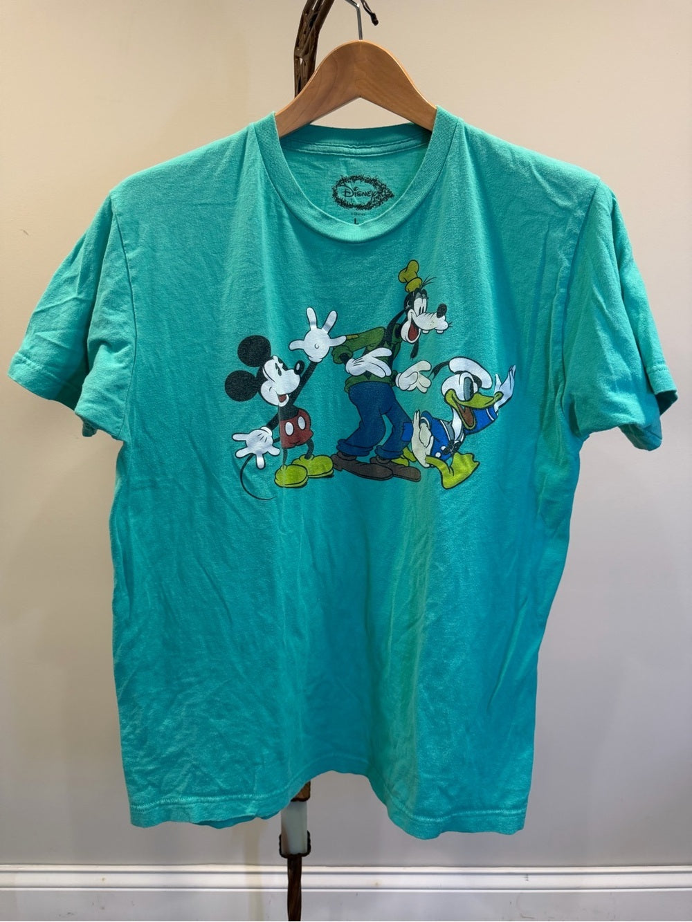 GT-0141 Disney Mickey Goofy Donald Duck Graphic T-Shirt L Turquoise Aqua