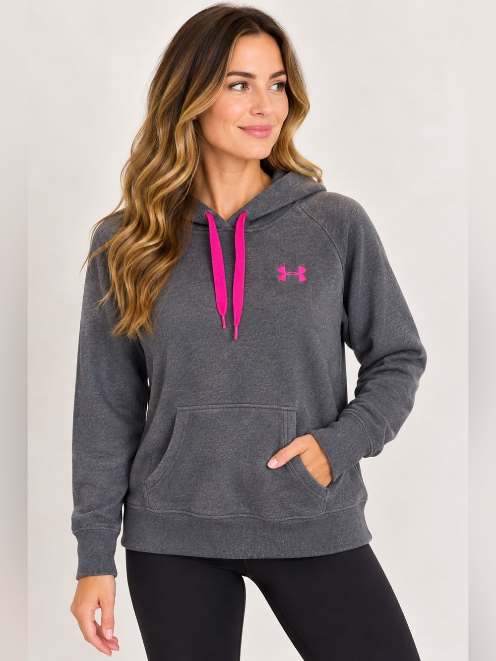 GT-0142 Under Armour Storm Hoodie M Gray Hot Pink Loose Fit Fleece Pullover