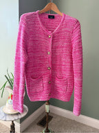 VICI Pink Marled Cotton Cardigan M Gold Button Textured Knit Preppy Sweater