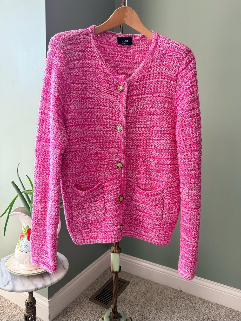 VICI Pink Marled Cotton Cardigan M Gold Button Textured Knit Preppy Sweater