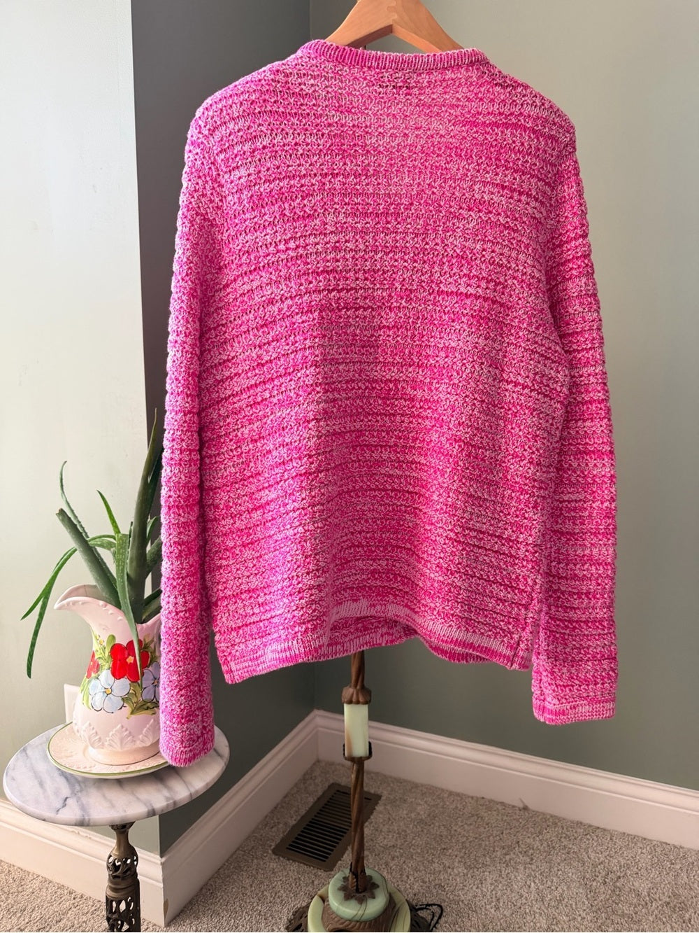 VICI Pink Marled Cotton Cardigan M Gold Button Textured Knit Preppy Sweater