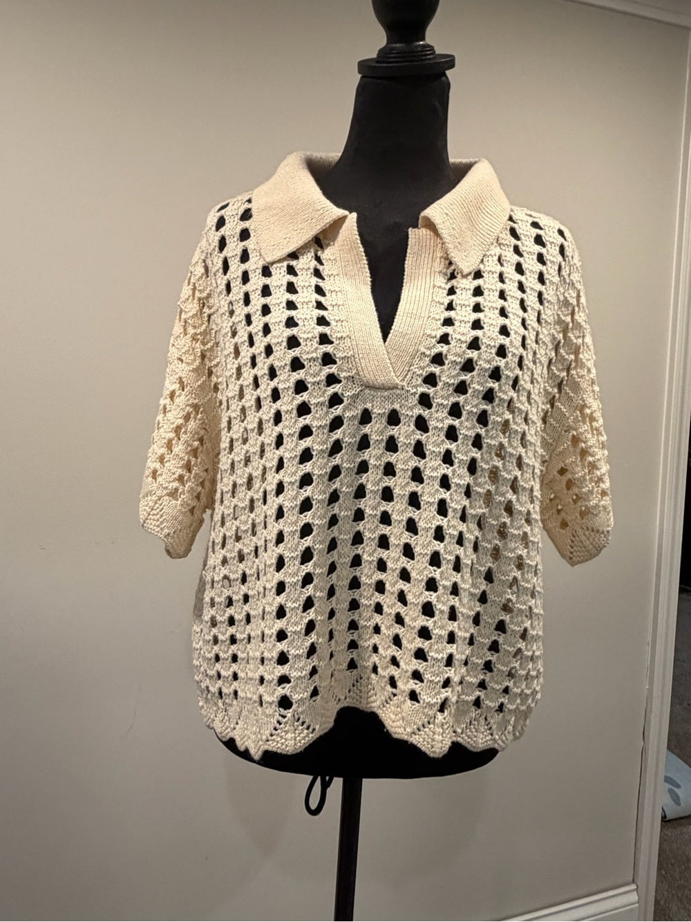 GT-0174 DR2 Cream Crochet Knit Polo Sweater Top S Open Stitch Boho Coastal