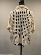 GT-0174 DR2 Cream Crochet Knit Polo Sweater Top S Open Stitch Boho Coastal