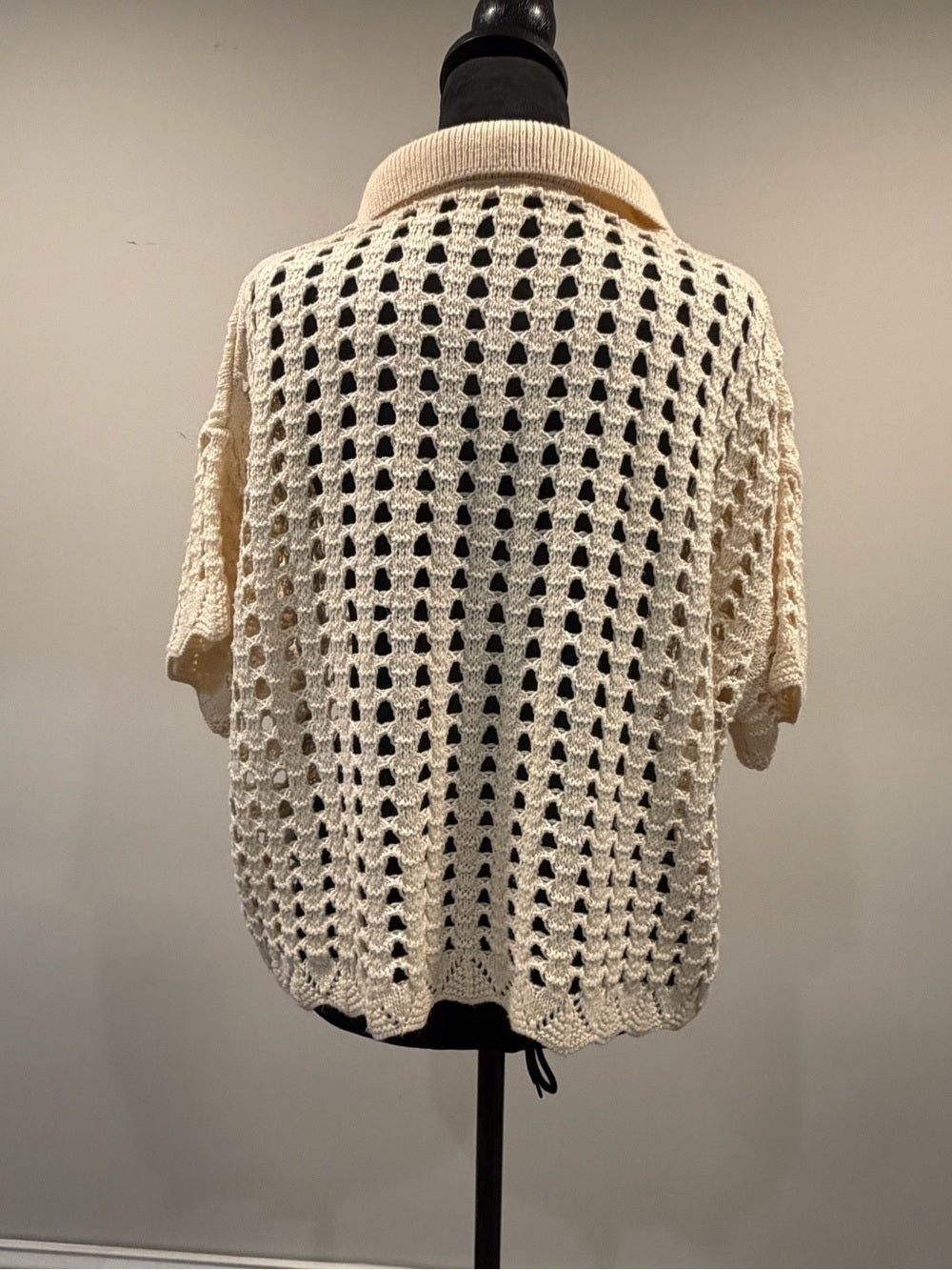 GT-0174 DR2 Cream Crochet Knit Polo Sweater Top S Open Stitch Boho Coastal