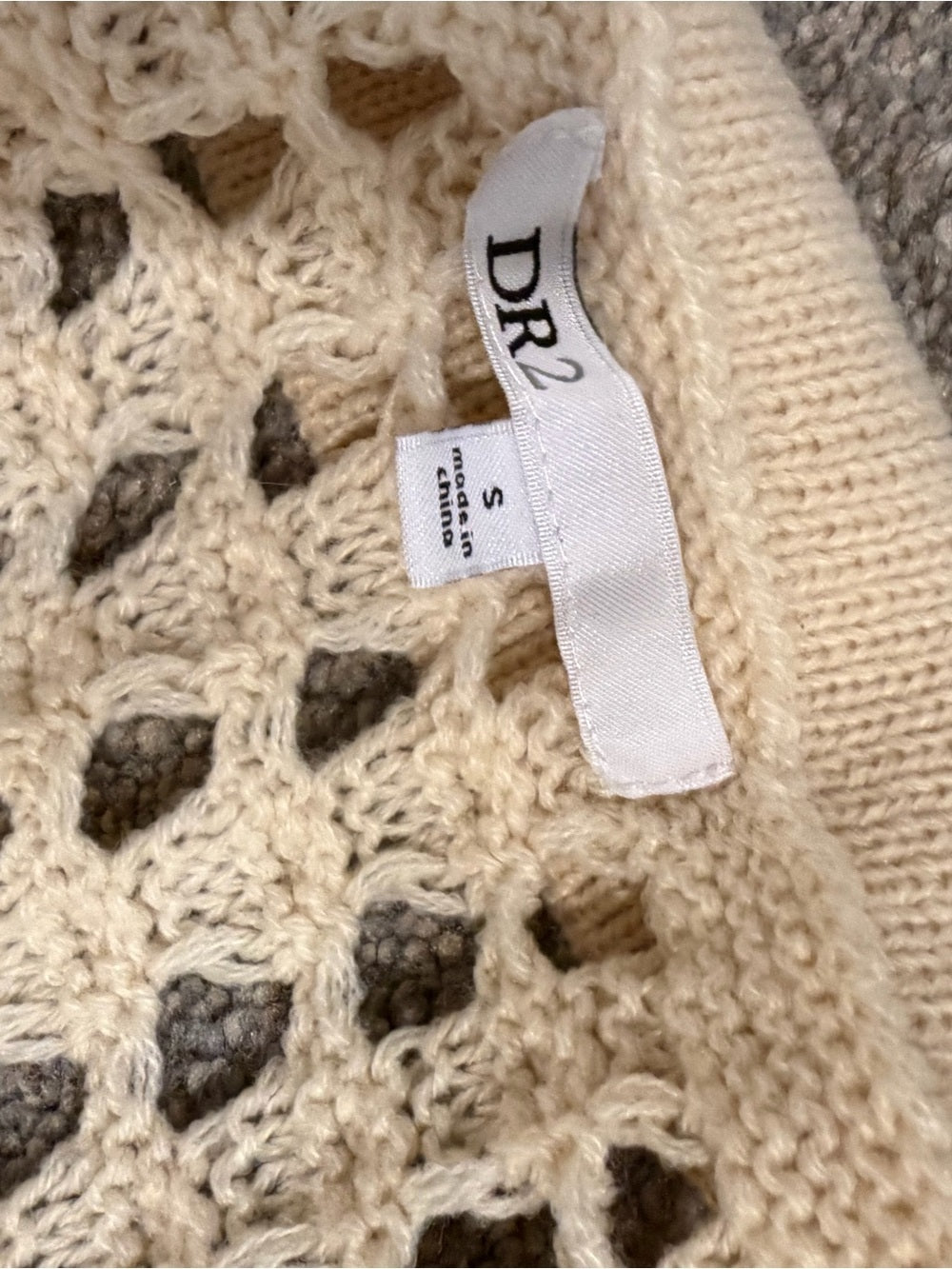 GT-0174 DR2 Cream Crochet Knit Polo Sweater Top S Open Stitch Boho Coastal