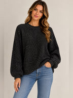 GT-0175 Zara Black Metallic Sparkle Knit Sweater M Crewneck Relaxed Holiday