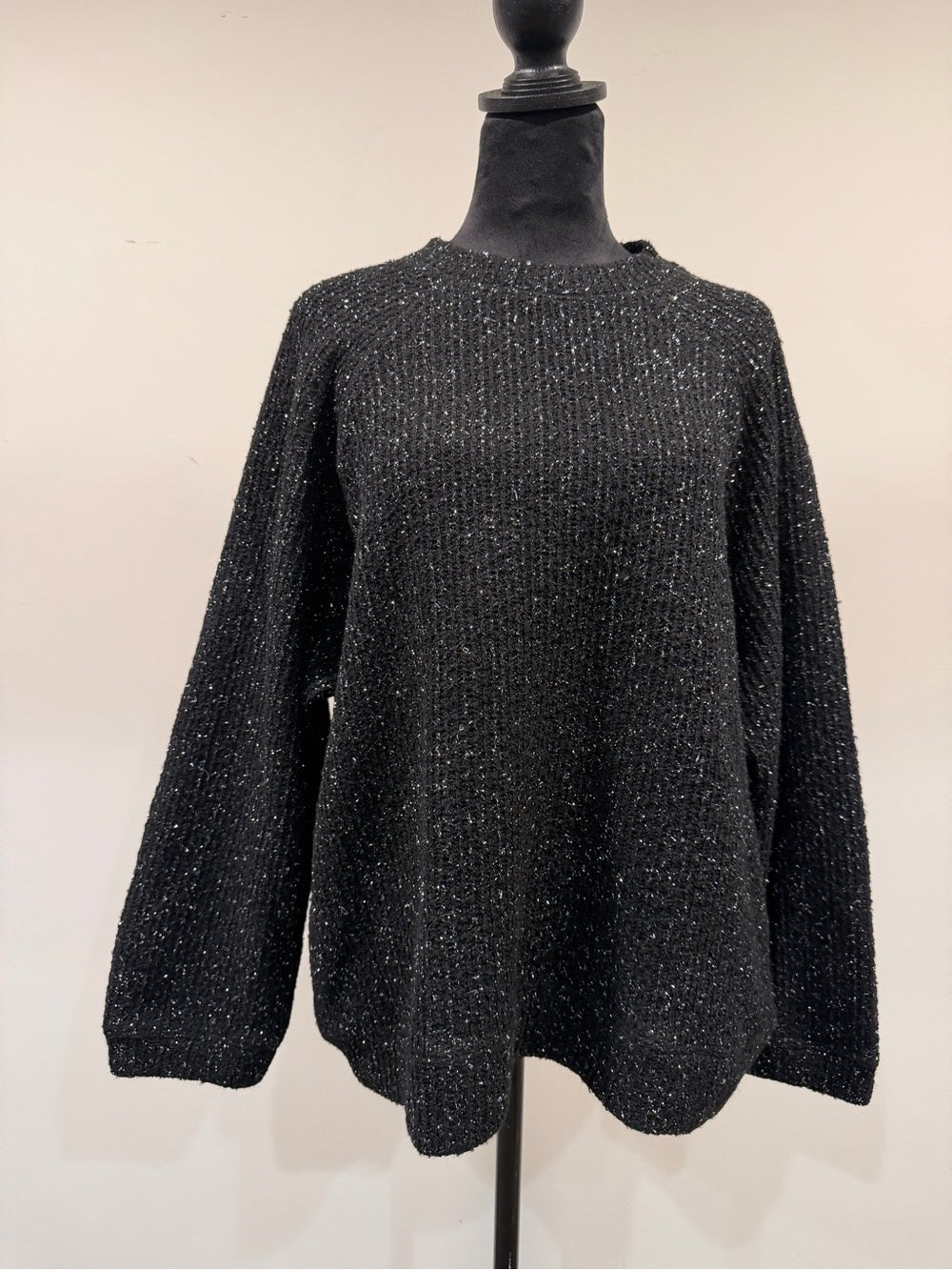 GT-0175 Zara Black Metallic Sparkle Knit Sweater M Crewneck Relaxed Holiday