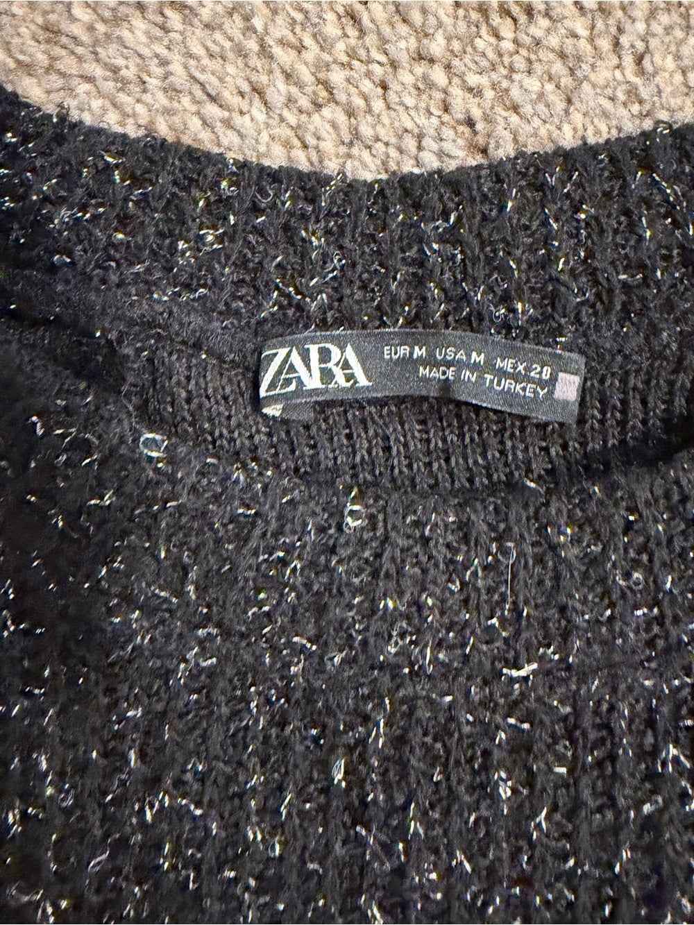 GT-0175 Zara Black Metallic Sparkle Knit Sweater M Crewneck Relaxed Holiday