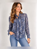 GT-0035 AG Adriano Goldschmied 100% Silk Blue Abstract Tie Neck Blouse Small