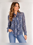 GT-0035 AG Adriano Goldschmied 100% Silk Blue Abstract Tie Neck Blouse Small