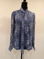 GT-0035 AG Adriano Goldschmied 100% Silk Blue Abstract Tie Neck Blouse Small