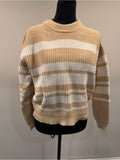 VEDA Chunky Knit Striped Sweater Tan Cream Crewneck Women’s M Coastal Cozy