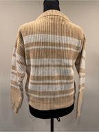 VEDA Chunky Knit Striped Sweater Tan Cream Crewneck Women’s M Coastal Cozy