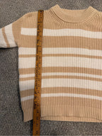 VEDA Chunky Knit Striped Sweater Tan Cream Crewneck Women’s M Coastal Cozy