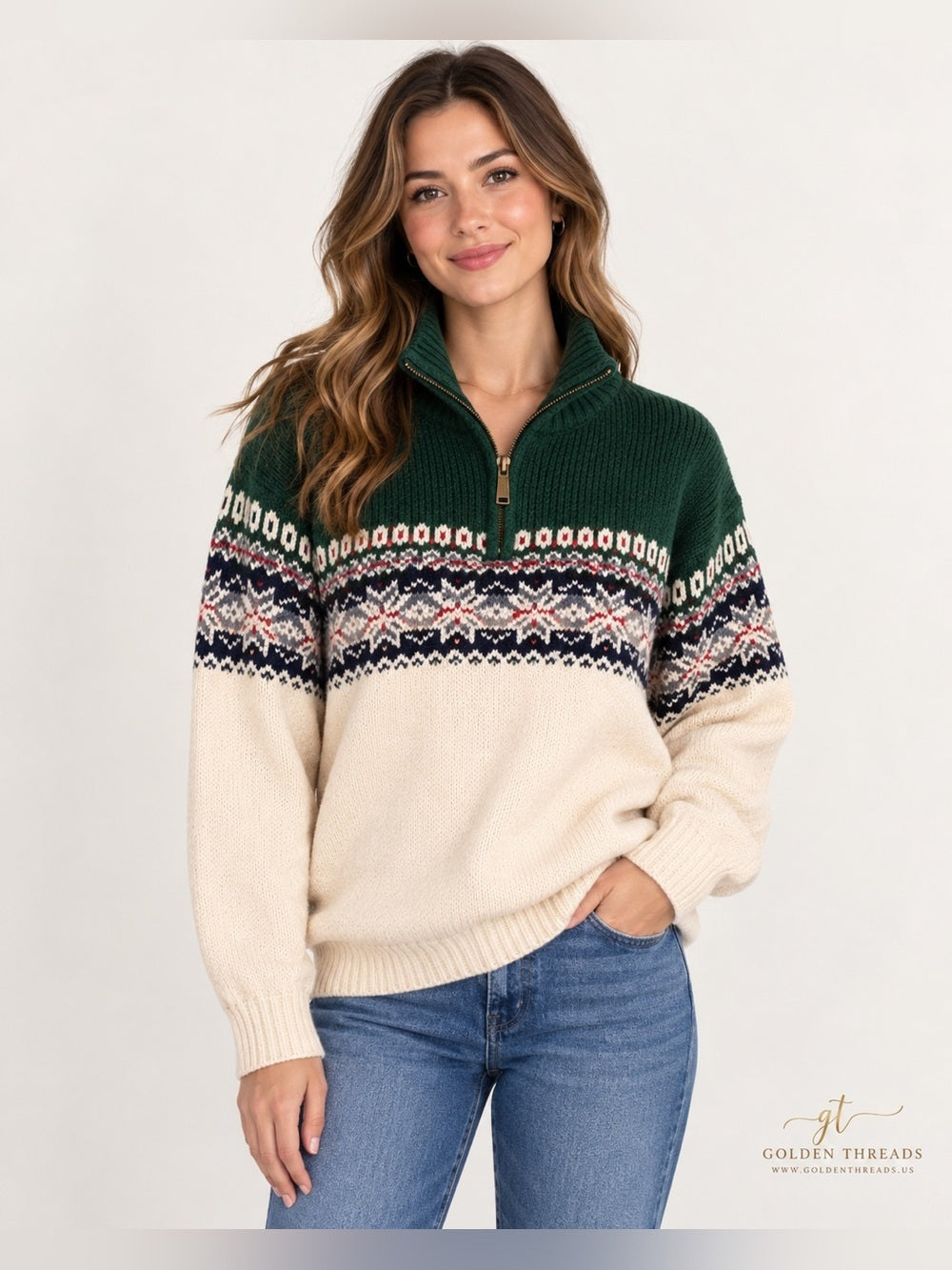 GT-0063 sweater Vintage Fair Isle Nordic Quarter Zip 100% Cotton Holiday