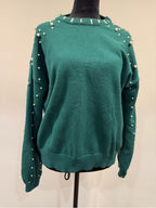 GT-0199 Emerald Green Pearl Embellished Sweater Pullover Size L