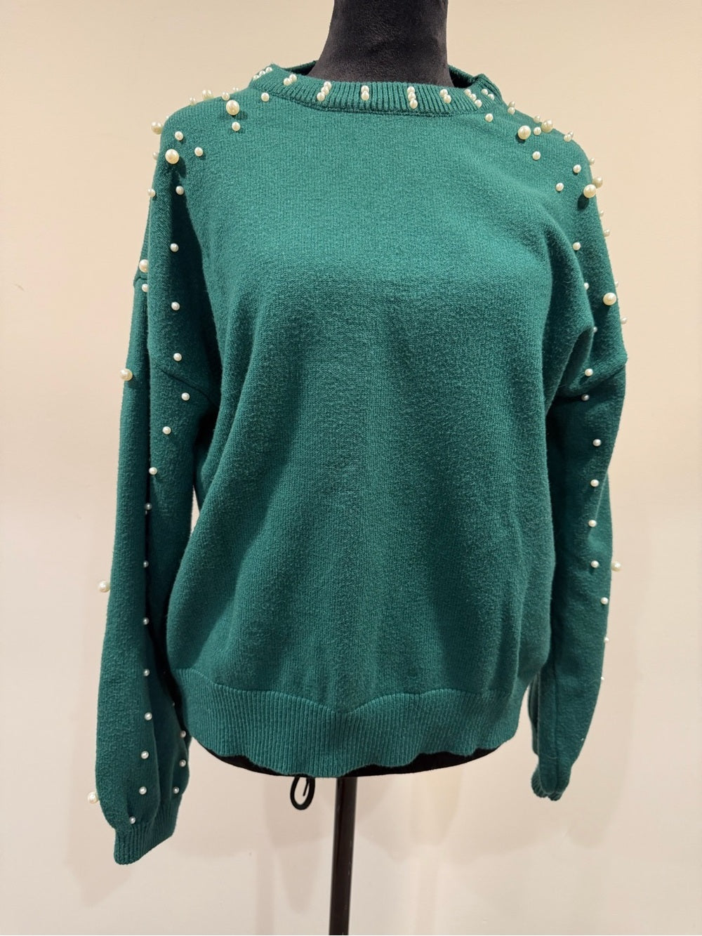 GT-0199 Emerald Green Pearl Embellished Sweater Pullover Size L