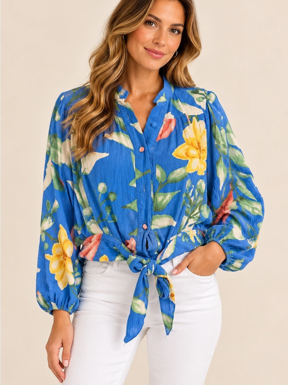 GT-0203 Rachel Roy Blue Floral Tie Front Blouse Balloon Sleeve M