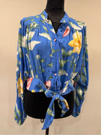 GT-0203 Rachel Roy Blue Floral Tie Front Blouse Balloon Sleeve M