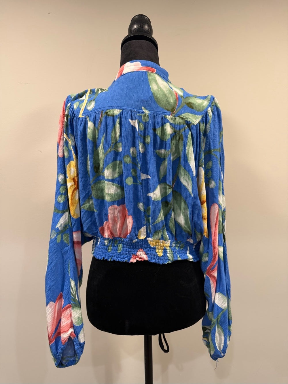 GT-0203 Rachel Roy Blue Floral Tie Front Blouse Balloon Sleeve M