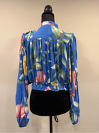 GT-0203 Rachel Roy Blue Floral Tie Front Blouse Balloon Sleeve M