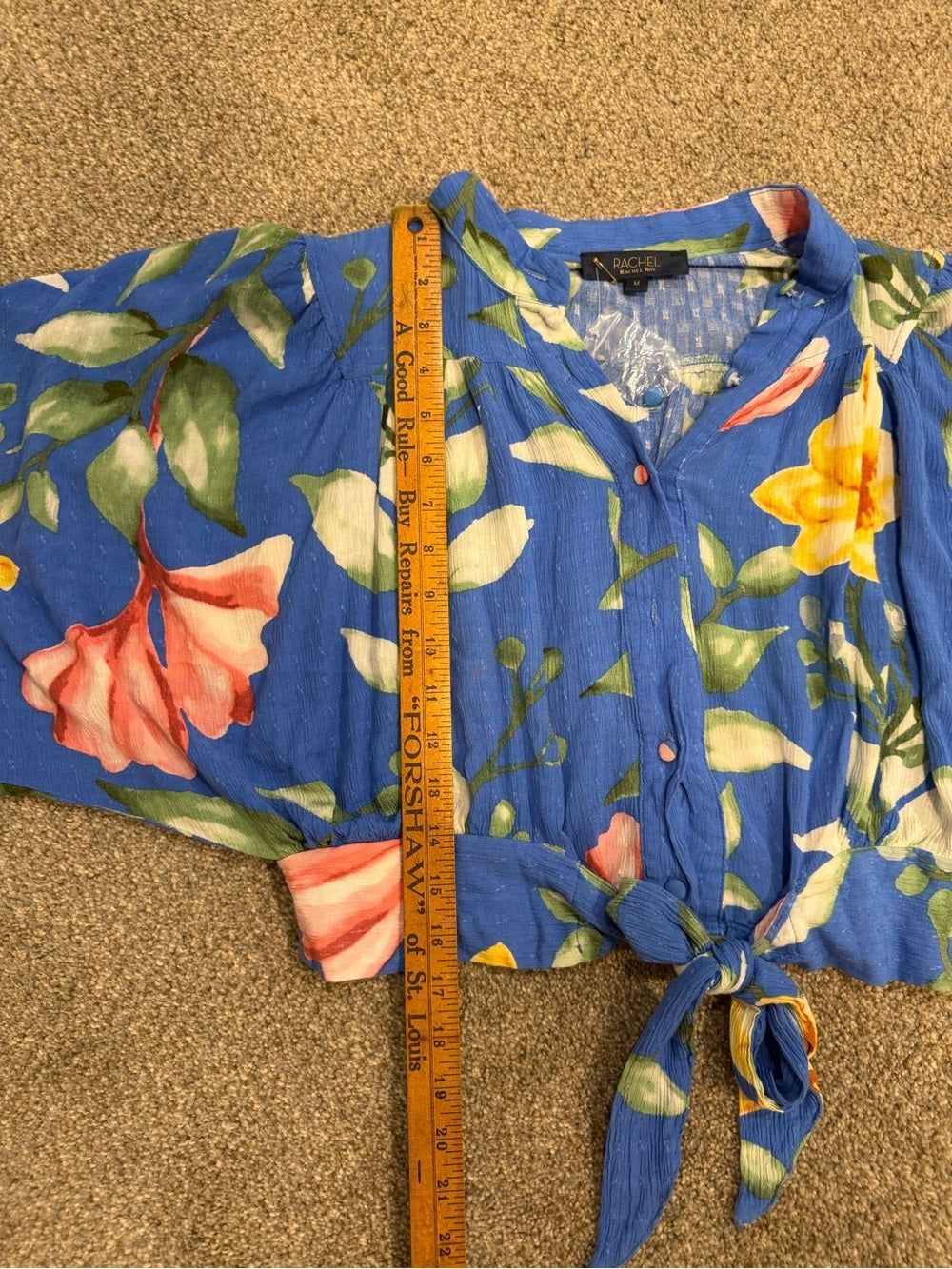 GT-0203 Rachel Roy Blue Floral Tie Front Blouse Balloon Sleeve M