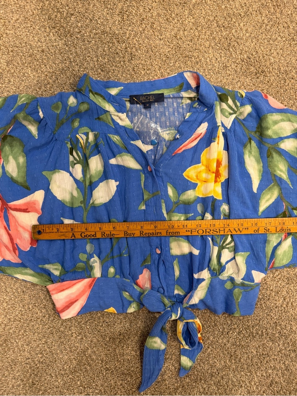 GT-0203 Rachel Roy Blue Floral Tie Front Blouse Balloon Sleeve M