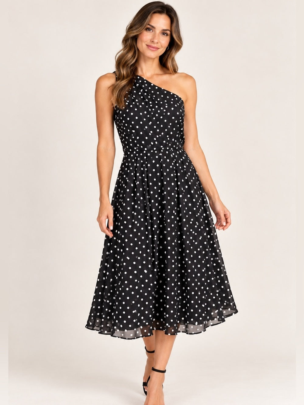 GT-0206 White House Black Market One Shoulder Polka Dot Midi Dress Size 14