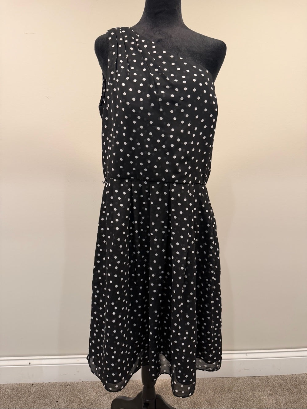 GT-0206 White House Black Market One Shoulder Polka Dot Midi Dress Size 14