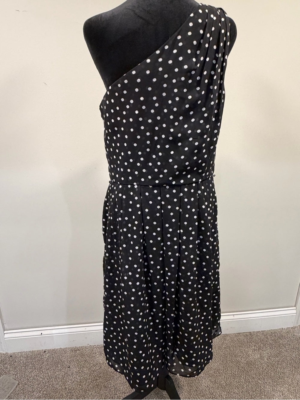 GT-0206 White House Black Market One Shoulder Polka Dot Midi Dress Size 14