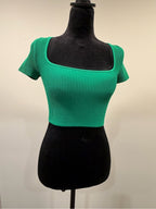 GT-0207 Aritzia Babaton Green Ribbed Square Neck Cropped Knit Top XS
