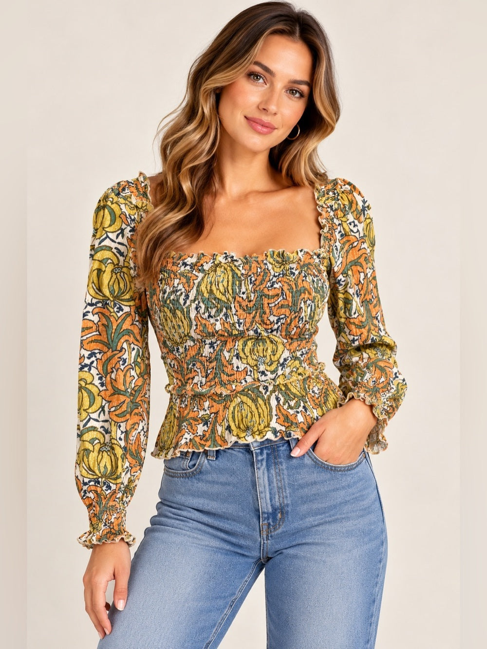 GT-0208 Anthropologie Floral Smocked Square Neck Peplum Blouse M