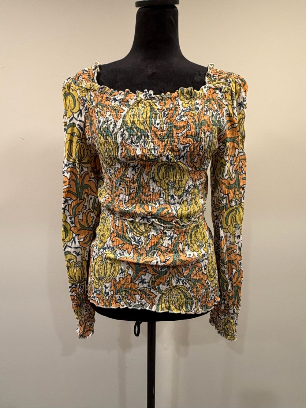 GT-0208 Anthropologie Floral Smocked Square Neck Peplum Blouse M