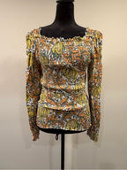 GT-0208 Anthropologie Floral Smocked Square Neck Peplum Blouse M