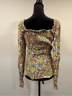 GT-0208 Anthropologie Floral Smocked Square Neck Peplum Blouse M