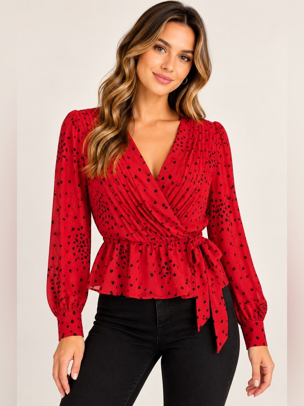 GT-0209 Express Red Black Heart Print Surplice Peplum Blouse Size M